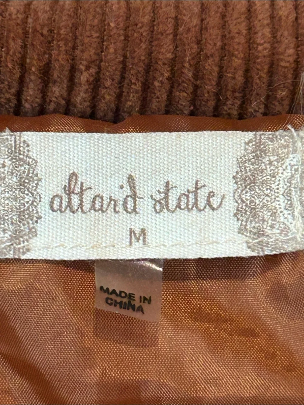 Altar'd State Rust Brown Corduroy Jacket with Cream Label Accent
